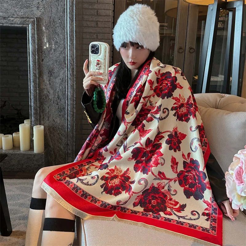 

Fashion Warm Poncho Cashmere Winter Women Scarf Floral Print Shawl Wraps Female Thick Pashmina Blanket Bufanda Travel Echarpe