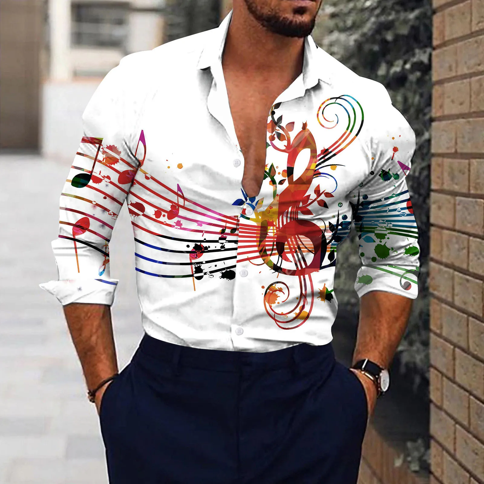 Camicia bianca con stampa di Note musicali da uomo abito sociale Streetwear  moda Casual 3d stampa digitale t-Shirt a maniche lunghe traspiranti leggere  _ - AliExpress Mobile