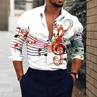 Men Music Note Print White Shirt Social Dress Streetwear Fashion Casual 3d Digital Print Lightweight Breathable Long Sleeve Tees - Image 2