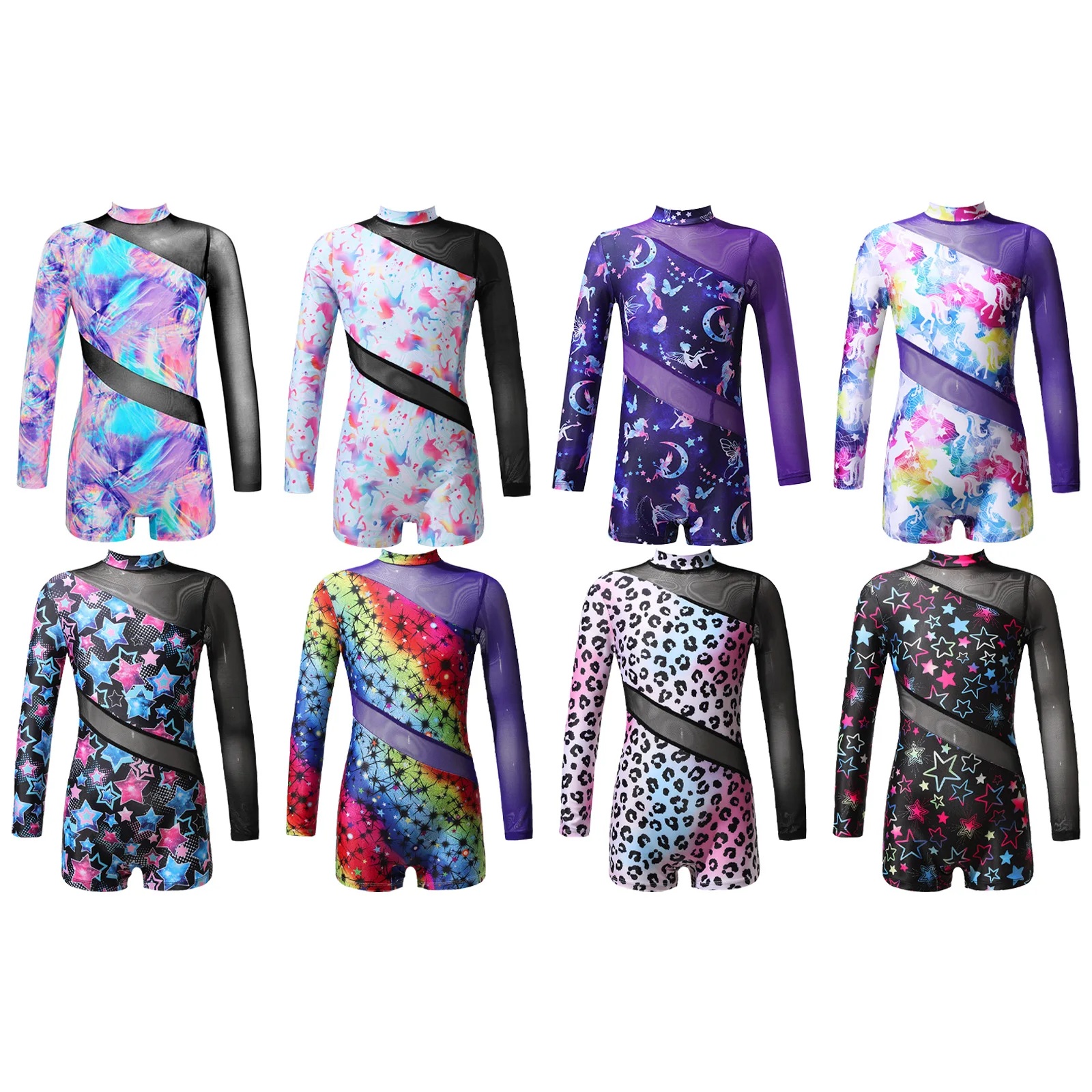 Children Gymnastics Leotard for Girls Teens Dance Ballet Unitard Long Sleeves Mesh Athletic Leotard Kids Dance Jumpsuit Bodysuit