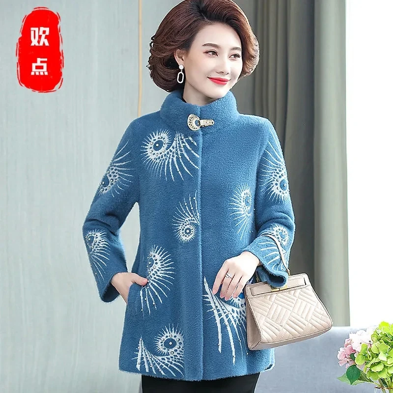 Middle-aged Mother Spring And Autumn Winter Coat Fashion Middle-aged And Elderly Women's Imitation Mink Nelvet Explosion  Coat.