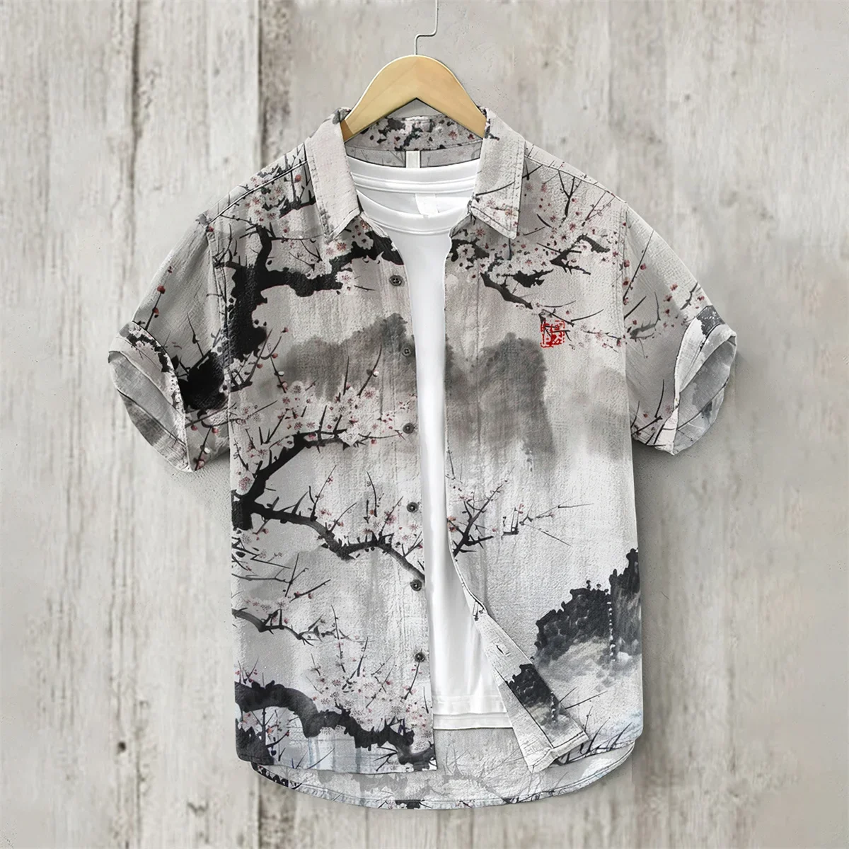 Short Sleeved Shirt Sakura Pattern Japanese Vintage Art Linen Bamboo Joint Cotton Casual Hawaiian Vacation
