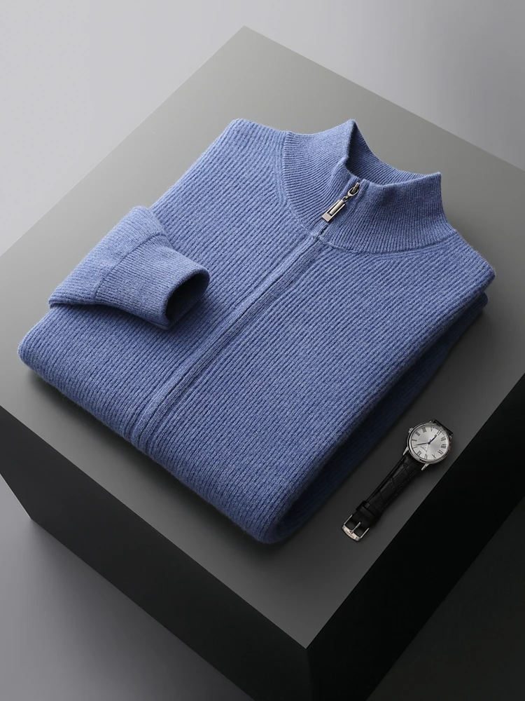 ADDONEE Autumn Winter Men Zipper Cardigan Mock Neck Thick Cashmere Sweater 100% Merino Wool Knitwear Smart Casual Sweater Coat 4