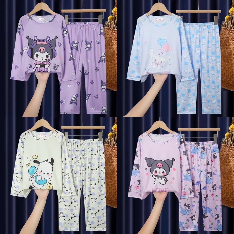 

Новинка Kawaii Sanrioed Kuromi Cinnamoroll детские пижамы Аниме понравико Мультяшные для мальчиков и девочек одежда для сна с длинным рукавом Детская домашняя одежда