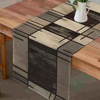 Modern Geometric Brown Linen Table Runner 1