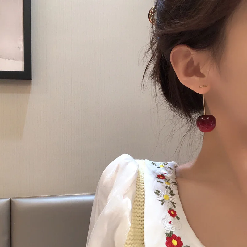 Dangle Earrings Cherry Earrings Drop Earrings Pendant Earrings Fruit Design Earrings AOMU Japan Korean Cherry Fruit Shaped Drop Earrings For Women Sweet Girls Jewelry Gifts