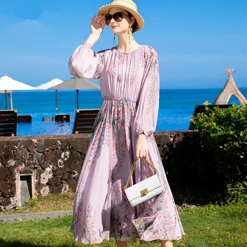 

Elegant Purple Silk Dress Feminine Long Sleeve Mulberry Silk A-Line Dress French V-Neck High Waist Large Swing Long Skirt