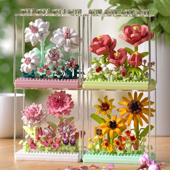 DIY DISPLAY BOX Eternal Flower Immortal Potted Rose Sunflower Gardens Romantic Building Blocks Model Bricks Kids Sets Kits Toys