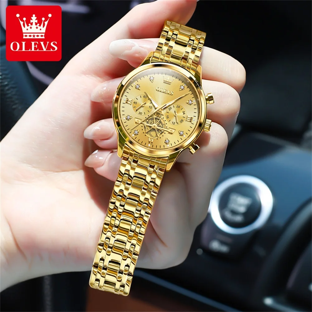 OLEVS Flywheel Skeleton Women Quartz Watch Stainless steel Chronograph Waterproof Luminous Ladies Bracelet Watch for Women Set 3