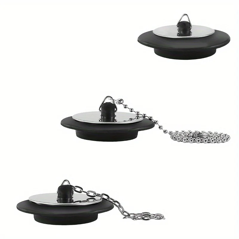 긴 금속 볼 체인과 걸이 고리가 있는 3개의 범용 고무 싱크 플러그, 43mm 욕실 및 주방 배수구 커버