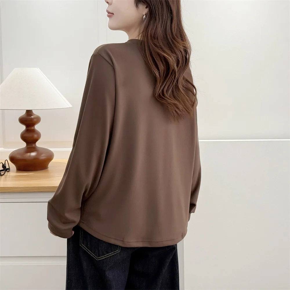 XXXXL Fashion Plus Size Women's T-Shirt Autumn Winter 2025 Simple Solid Color Fleece Warm Thickened Long Sleeved Base Tops 7056