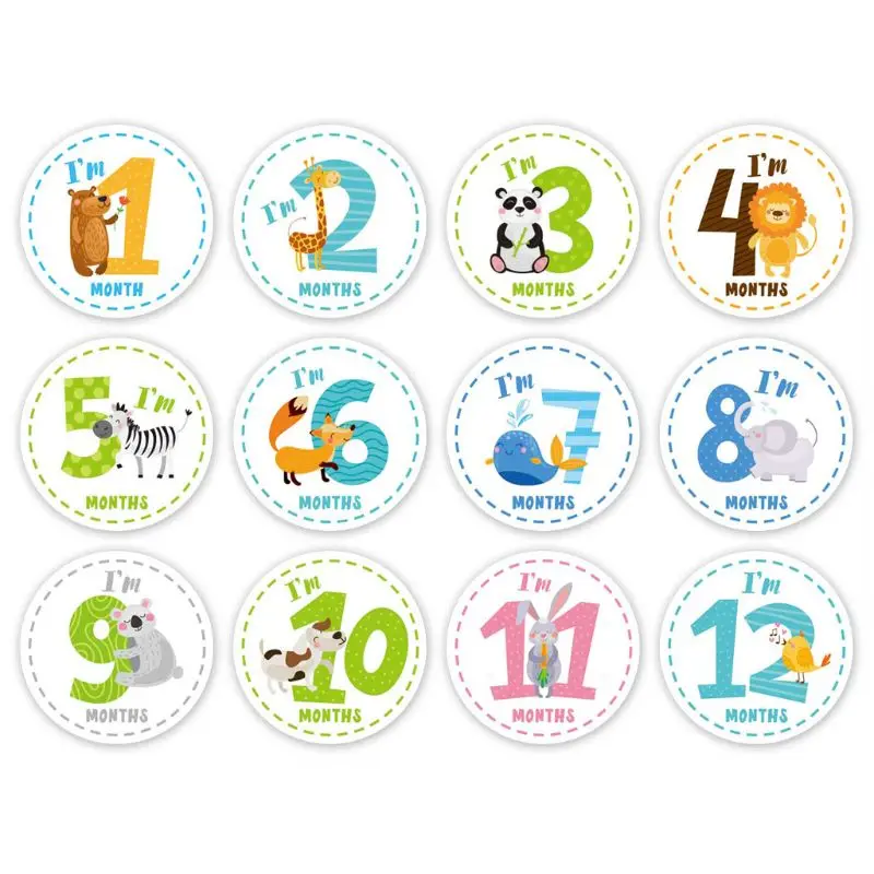 

Month Stickers for Baby Boy Girl Animals Print Set of 12 Unisex Colorful Cards