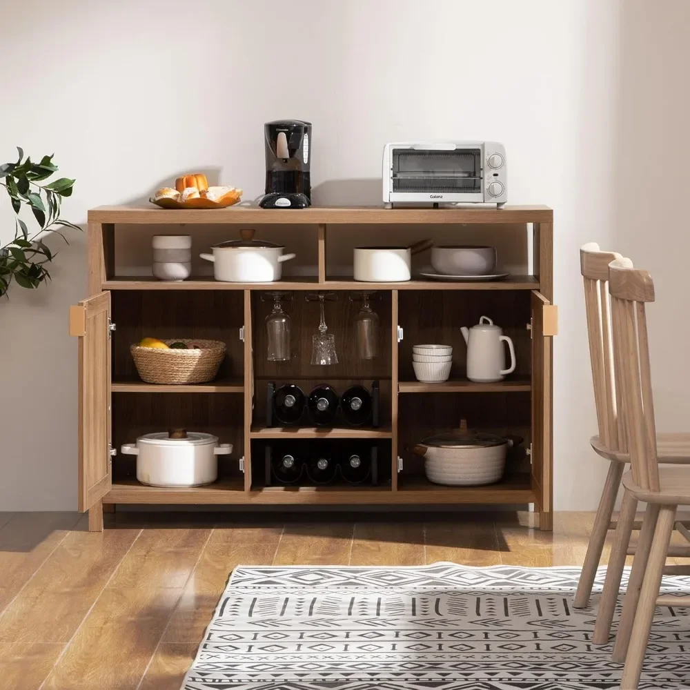 Coffee Bar Cabinet, Rattan Sideboard Buffet Cabinet with Storage, Boho Farmhouse Liquor Cabinet with Wine Racks Credenza