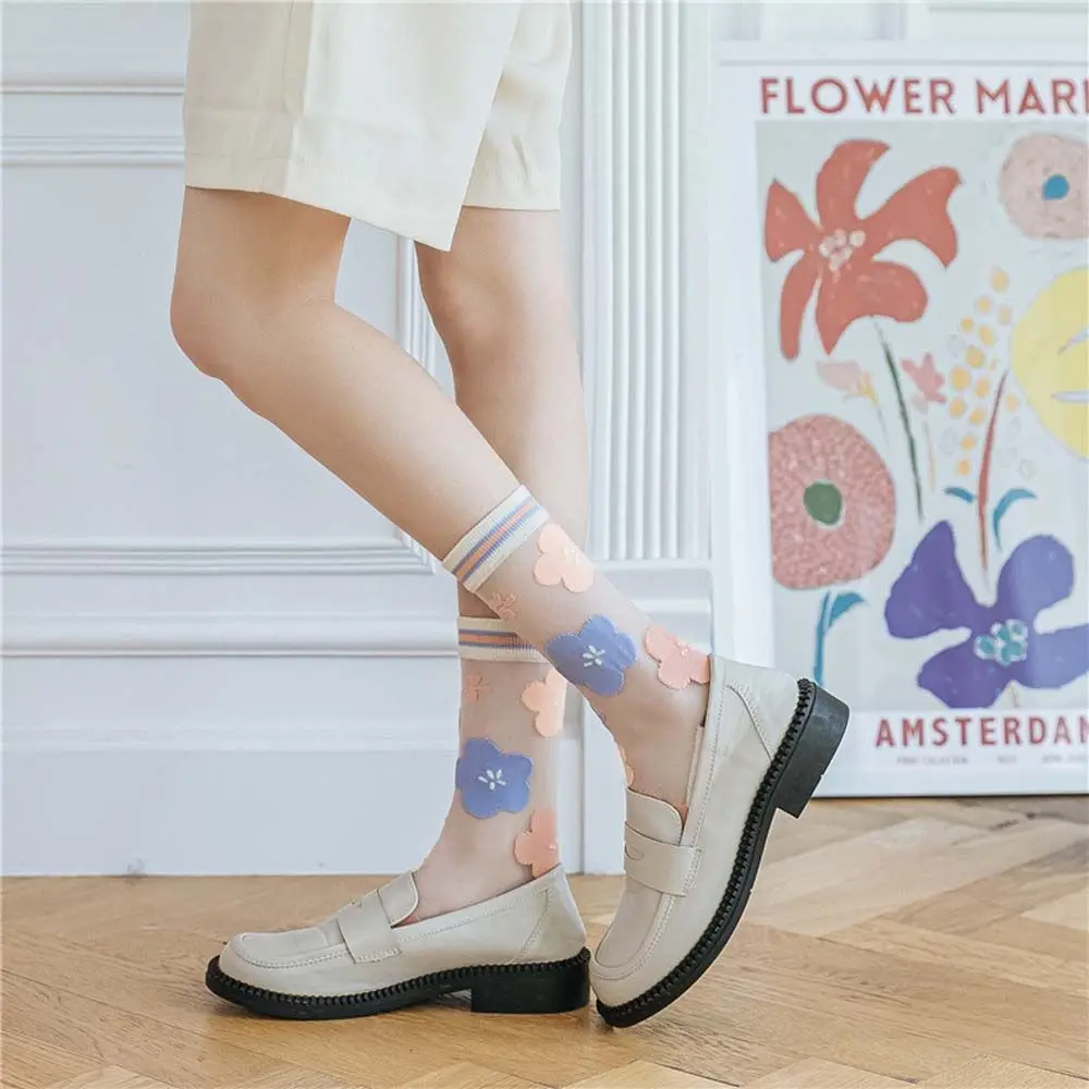 

Ultra-thin Girls Lattice Flower Korean Spring Summer Bow Women's Socks Glass Silk Socks Cotton Hosiery Middle Tube Socks
