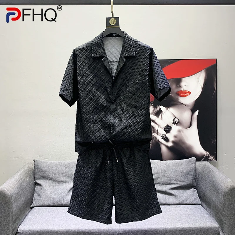 

PFHQ 2023 Summer New Fashion 2 Pcs Set Pleated Short Sleeve Shirt Solid Color Loose Straight Shorts Men's Clothing Tide 21F3495