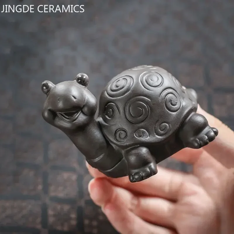 Cute Tortoise Statue Tea Figurine Ornaments Boutique Purple Clay Tea Pet Handmade Sculpture Crafts Tea Table Decore Accessories