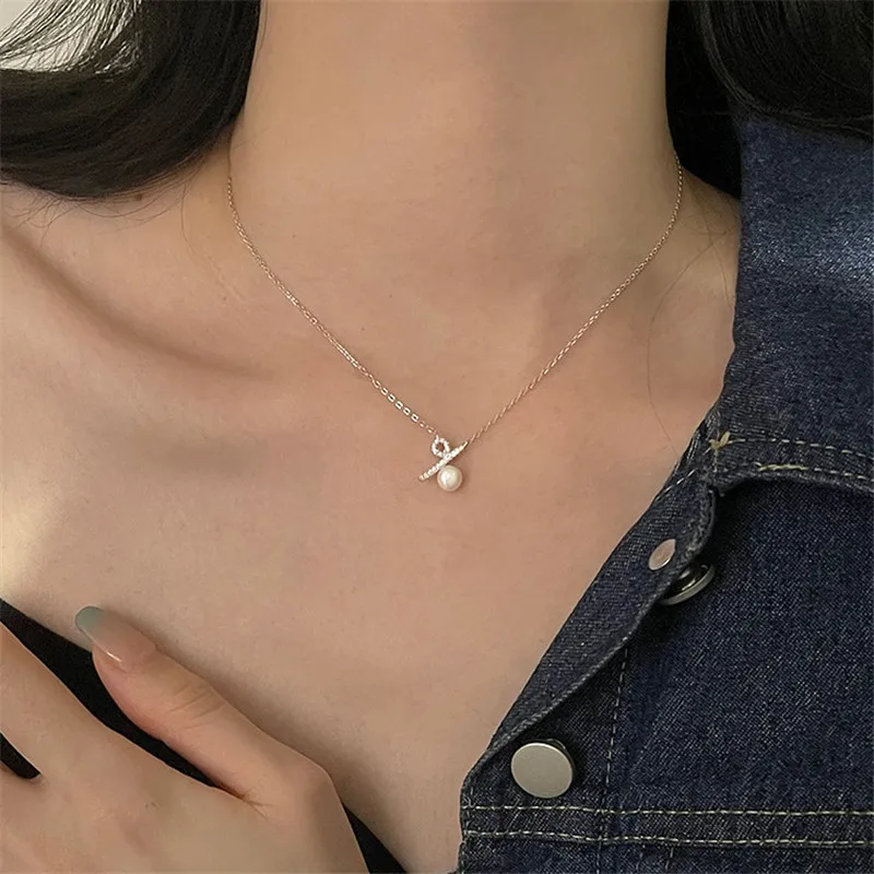 

S925 Sterling Silver Percentage Symbol Pendant Necklace Women Collarbone Chain High-end Feeling Pearl Girlfriend Gift Jewelry