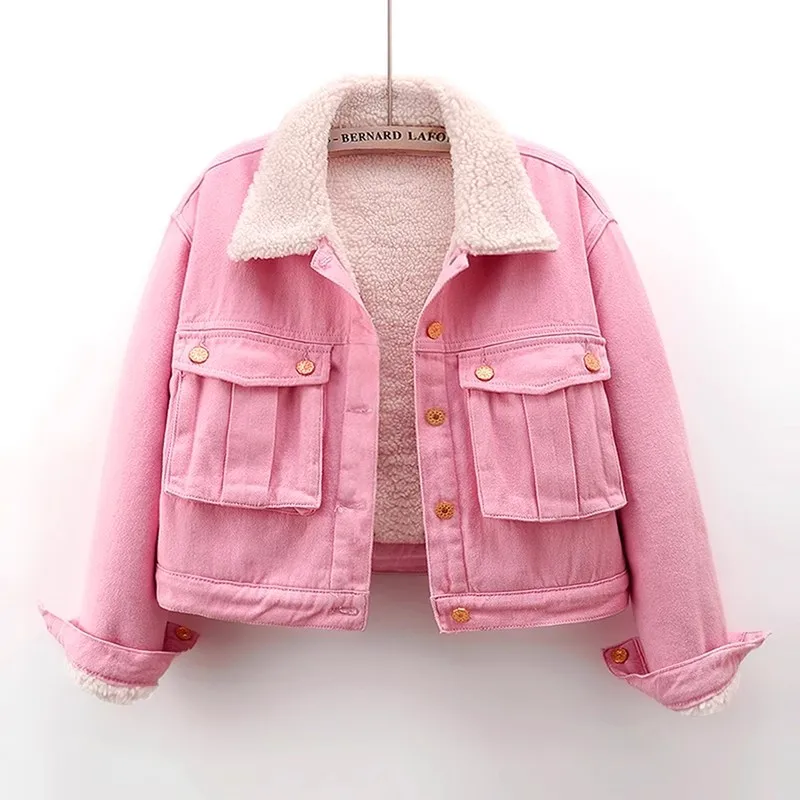 

Winter Fashion Pink Lambswool Liner Denim Jacket Women Big Pocket Long Sleeve Cowboy Outerwear Loose Short Jeans Jacket Female