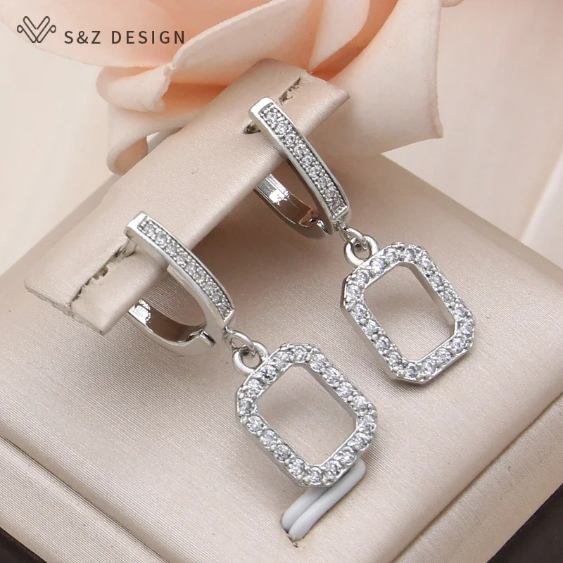 S&Z DESIGN New Fashion Cubic Zirconia Rectangle Dangle Earrings Jewelry Sets For Women 585 Rose Gold Color Pendant Necklace