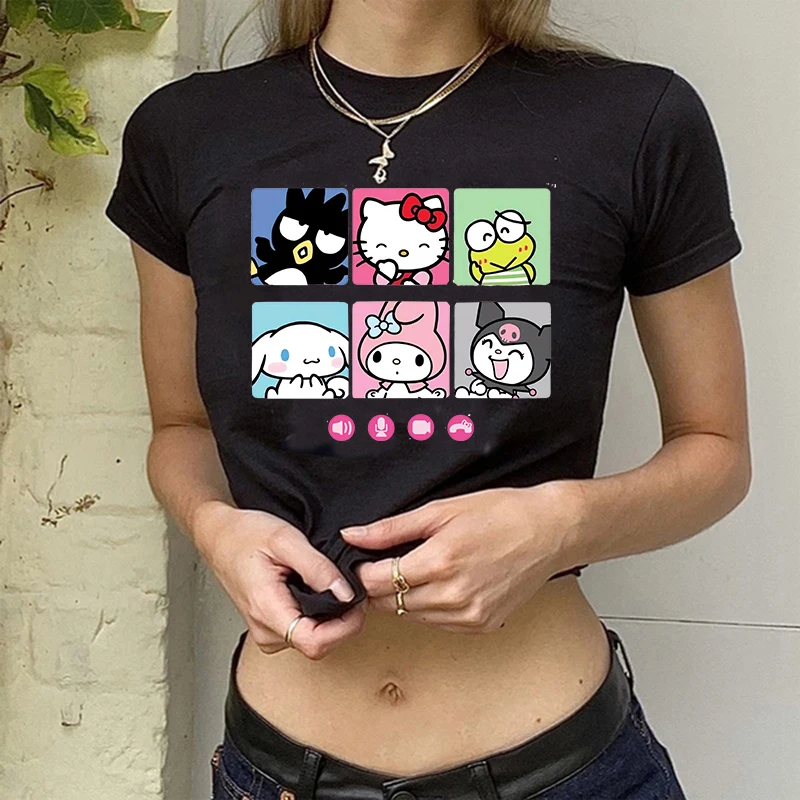 Tshirt Crop Top Hello Kitty T-shirt Kawaii T Shirt Sanrio Anime Cartoon Children Casual Clothes Y2k Cropped Tee Shirt Top