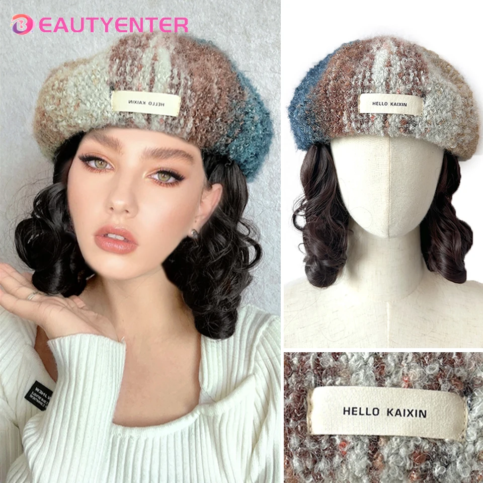 

Synthetic Short Curly Wavy Hair Wigs With Hat Oil Painting Beret Cap Wig Hair Extension Black Brown Wig Cap Heat Resistant Wire
