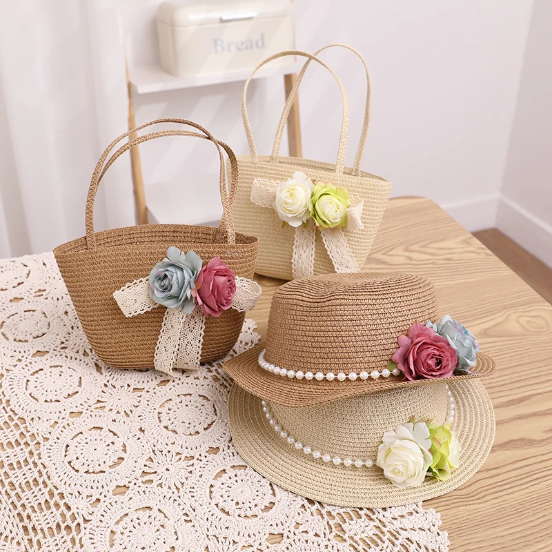 French Elegant Retro Summer Straw Hat Bag Set for Women and Girls Pearl Floral Hat Mom Kid Holiday Outdoor Travel Beach Sun
