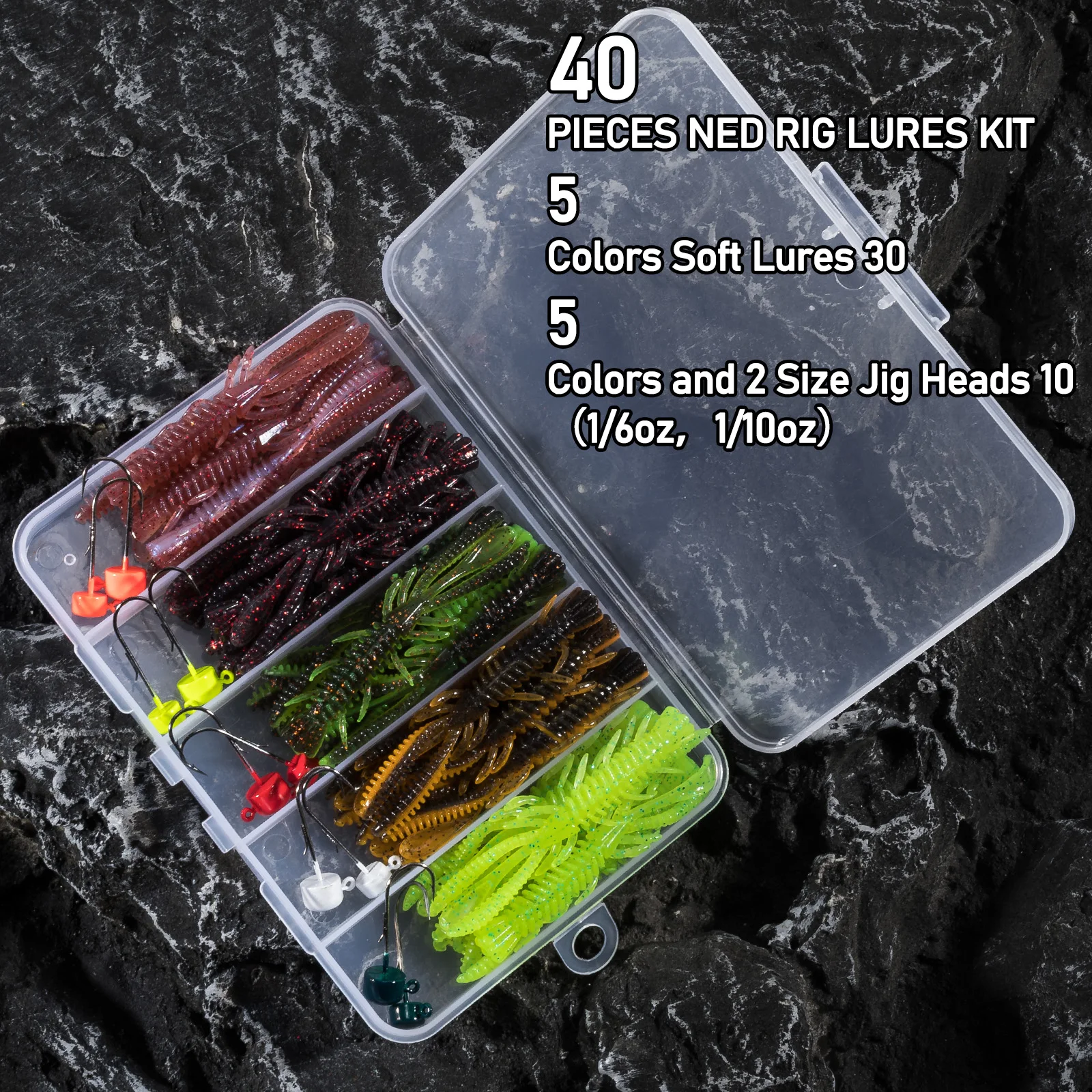 40pcs Ned Rig Jig Head Hook Fishing Soft Plastic Lure Kit Crawfish