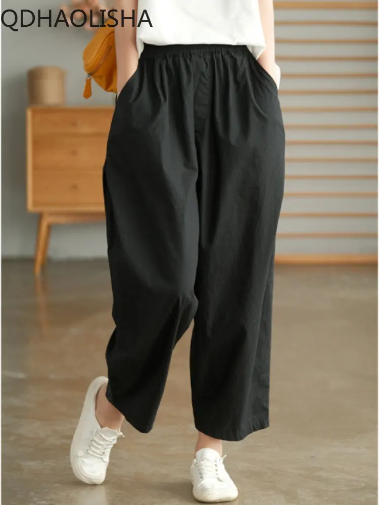 

Summer Cotton Pant Women Linen Harem 2023 New High Waist Wide Leg Vintage Casual Loose All-match Cropped Pants Trousers Bottoms