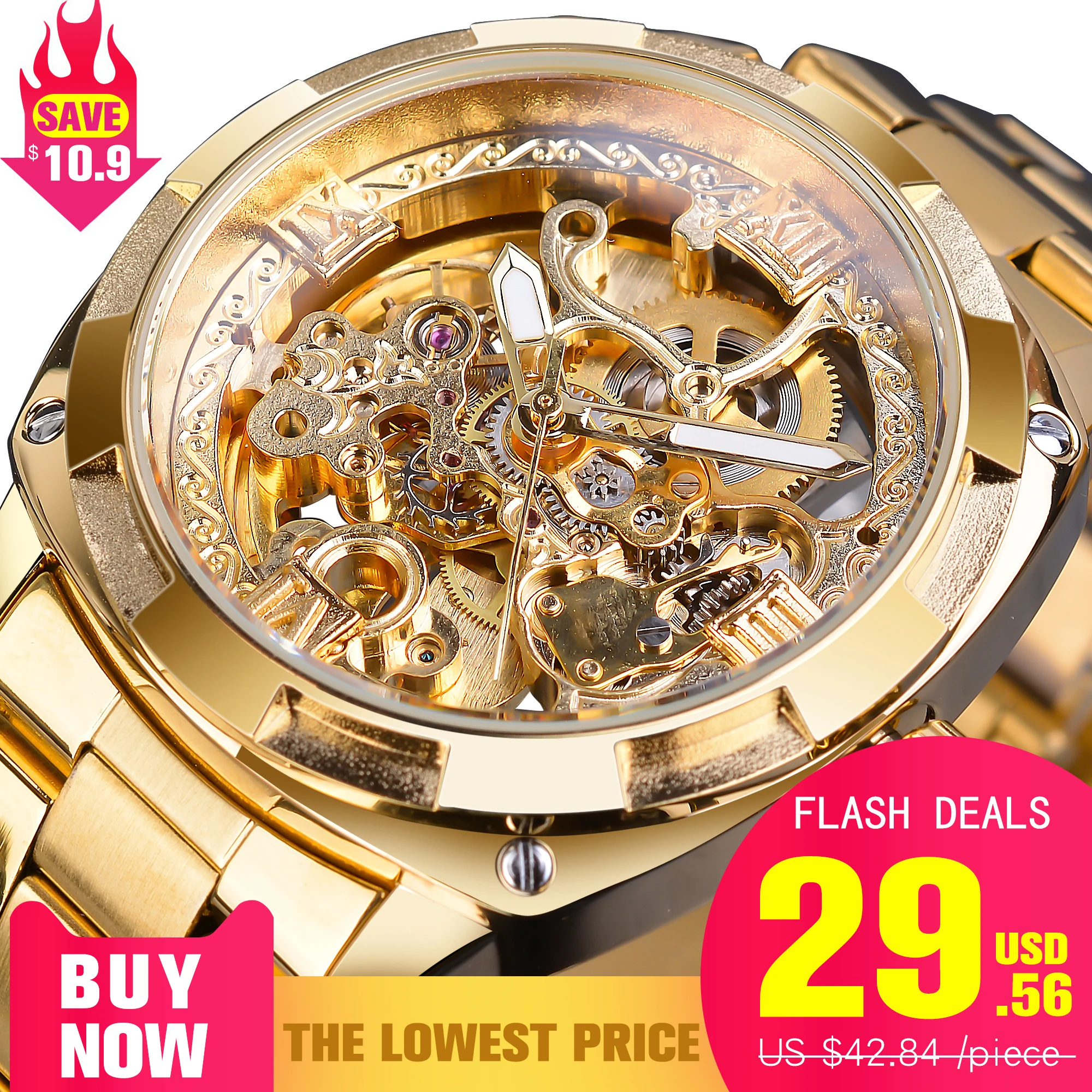 Forsining Fashion Transparent Retro Men's Automatic Mechanical Watch Top Brand Luxury Full Golden Luminous Hands Skeleton Clock