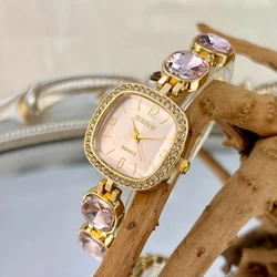Women's Fashion Watch: Vintage Elegance with Square Diamond - Set Face and Colorful Crystal Band (Golden pink)