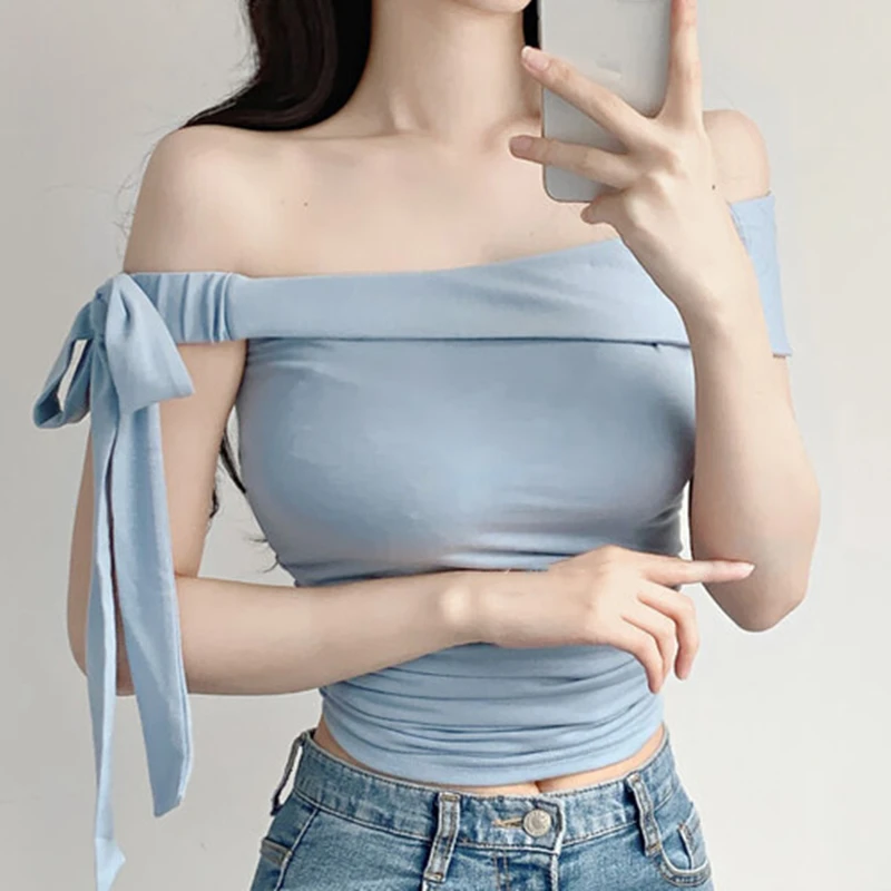 

T Shirt For Women Bow Sexy Off Shoulder Sleeveless T Shirts Summer Korean Style Womens Clothing Slim Tees Cotton Crop Tops