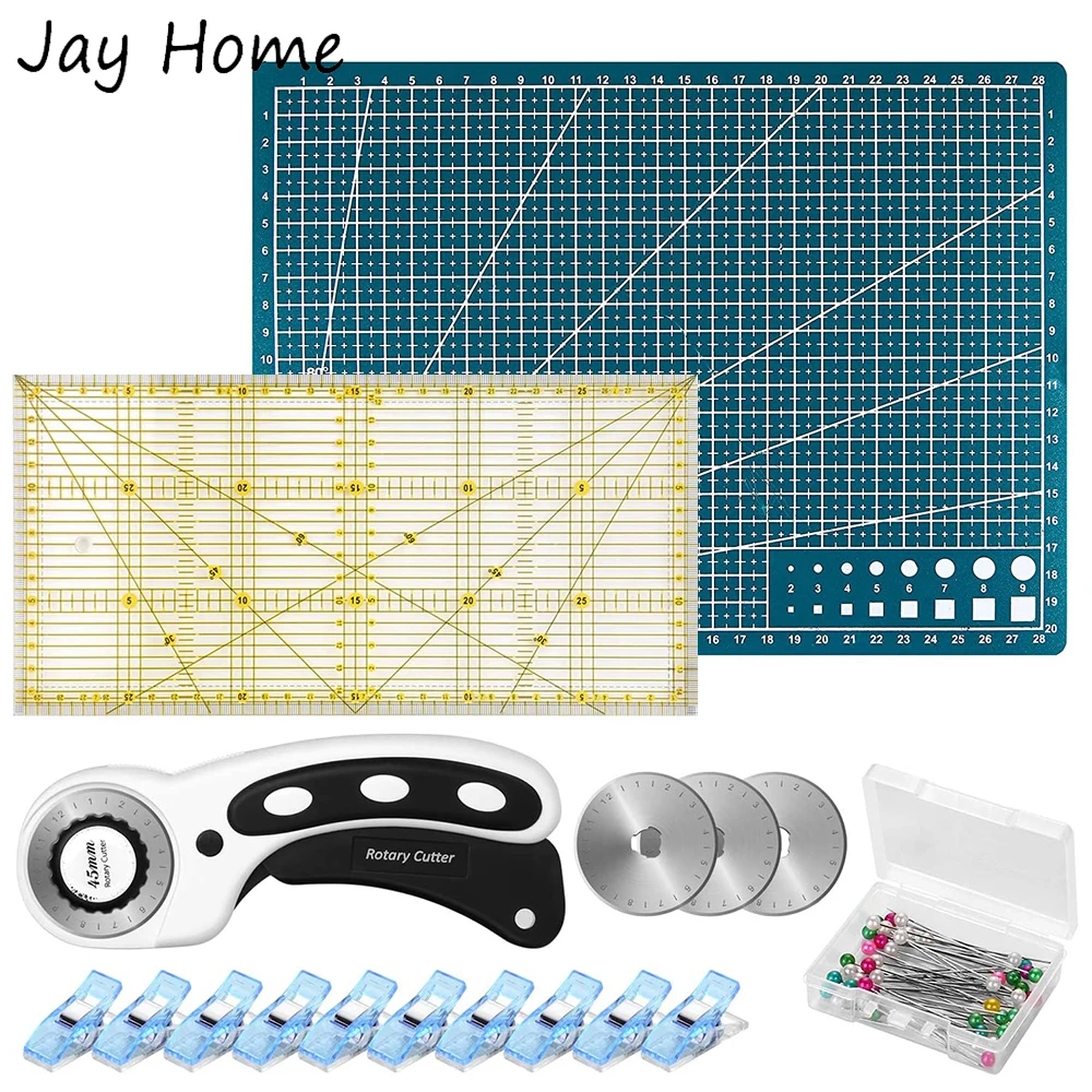 

45mm Rotary Cutter Tool Kit with A4 Cutting Mat Patchwork Ruler Plastic Fabric Clips Straight Pins for Sewing Crafting Quilting