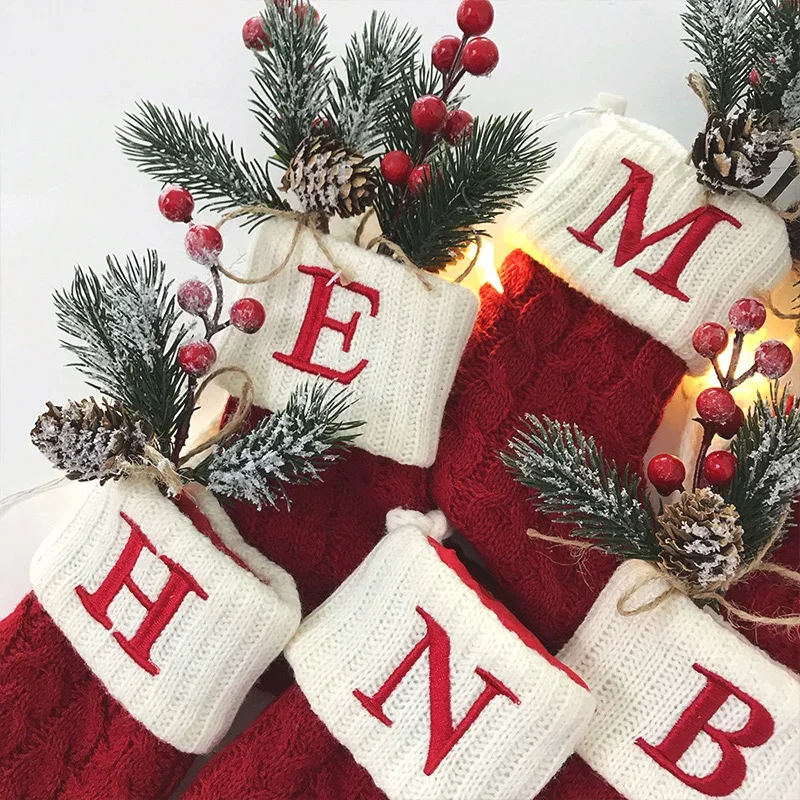 Festive Knitted Christmas Stocking with Snowflake & Alphabet Design - Holiday Tree Pendant Decoration