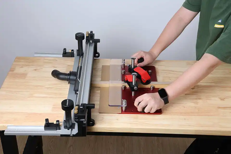 Aluminum Router Table Coping Sled For Cabinet Doors - Adjustable Clamp, Clear Acrylic Shield