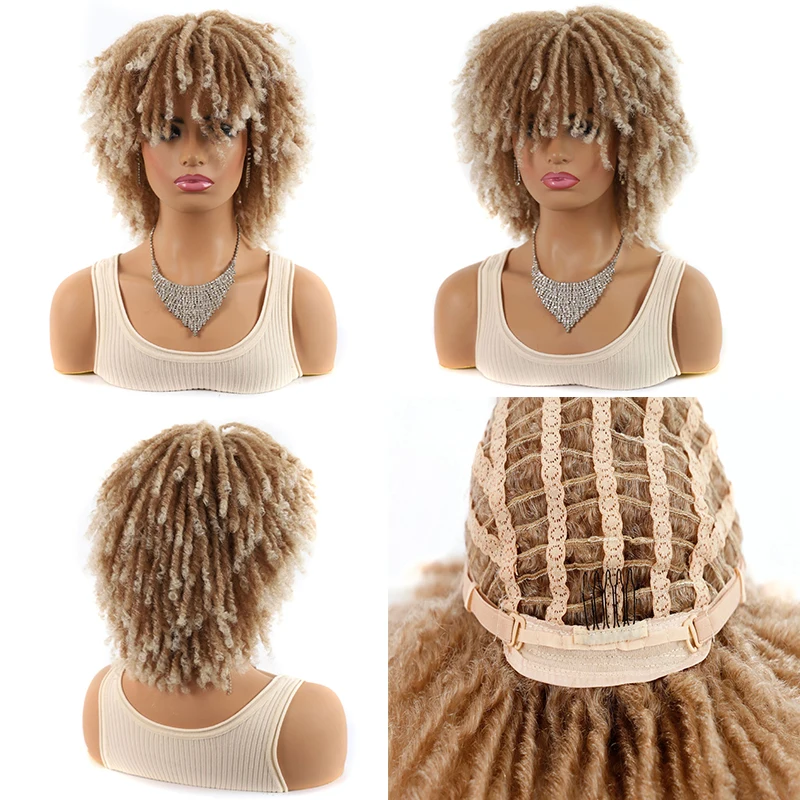 Short Dreadlock Wigs for Black Women Ombre Brown Faux Locs Headband Wig Braided Wigs Curly Hair Twist Synthetic Locs