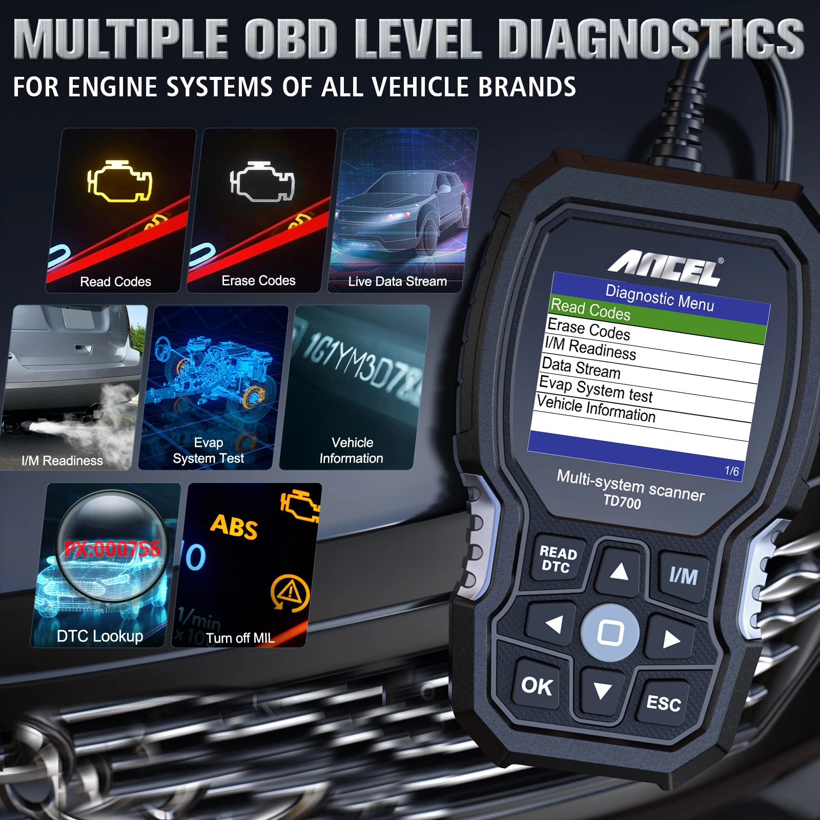 ANCEL TD700 Car Diagnostic Scan Tools All System Code Reader ABS EPB Oil BMS SAS 11 Reset ODB OBD 2 Car Scanner for Toyota Lexus 4