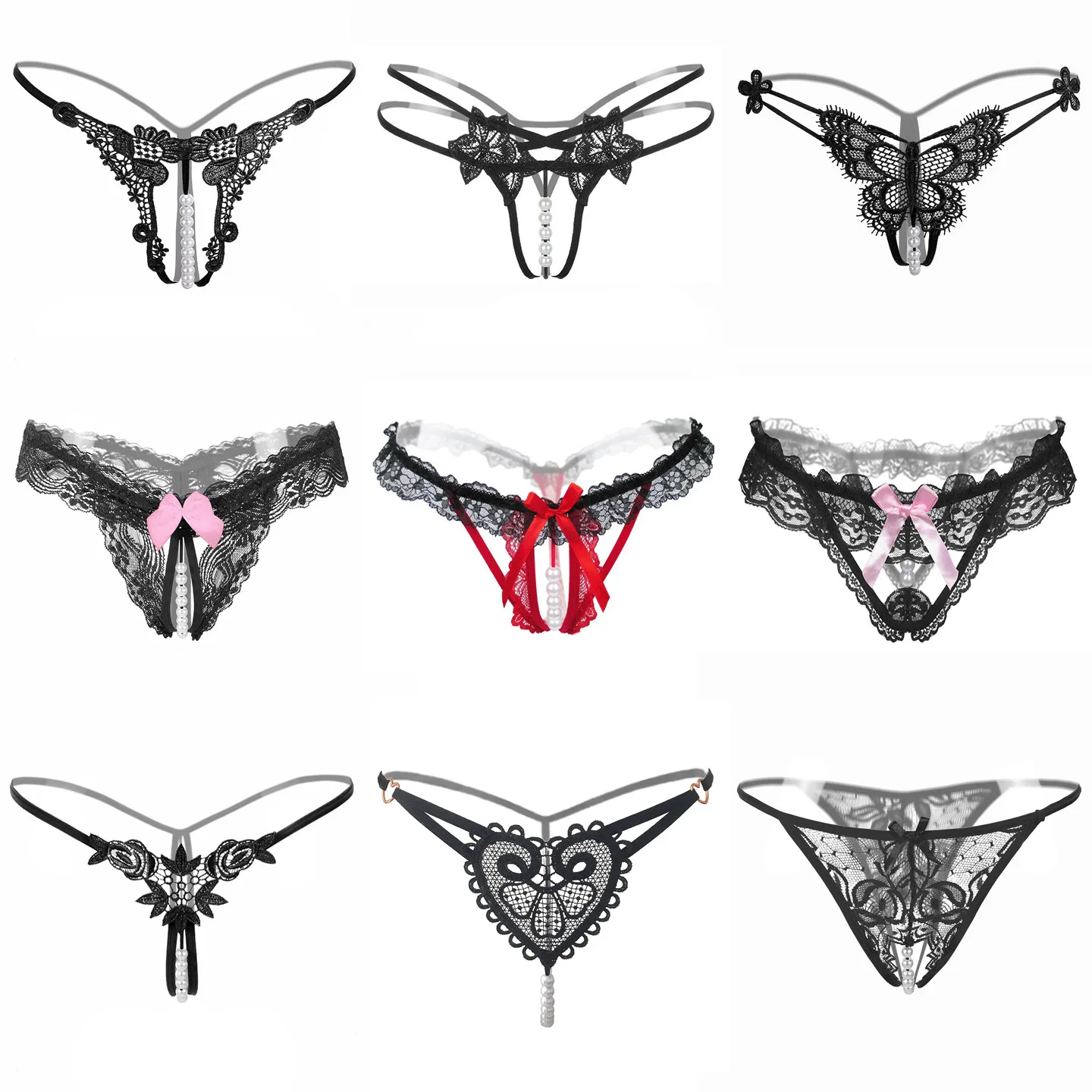 Sexy Lace See-through Panties Cross-Border New Model Open-Crotch No-Need-to-Remove Women's Pearl Underwear Polyester Fabric