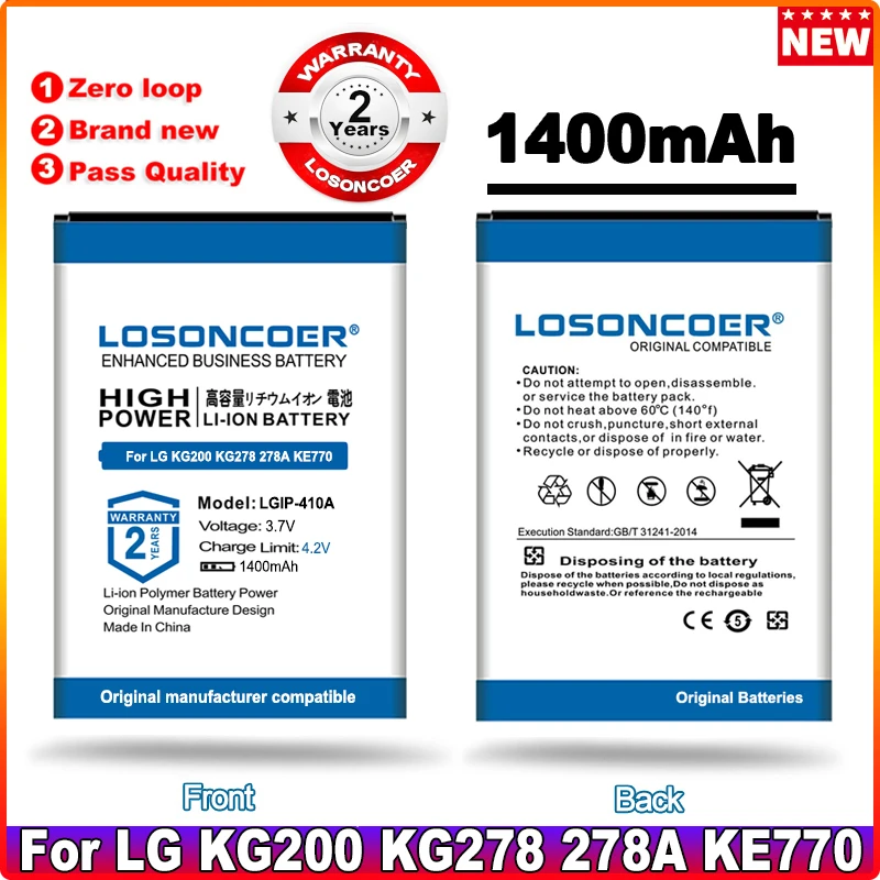 

LOSONCOER LGIP-411A 1400mAh LGIP-410A Battery For LG KG200 KG278 278A KE770 KF500 KF510 KG289 KG77 Batteries