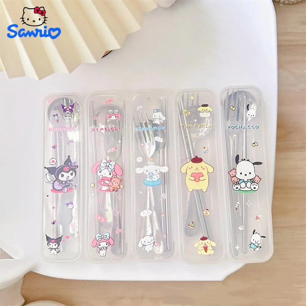 Kawaii Cinnamoroll Cutlery Set Mymelody Kuromi Sanrio Spoon Fork Chopstick Portable Children's Cutlery Anime Cutlery with Case