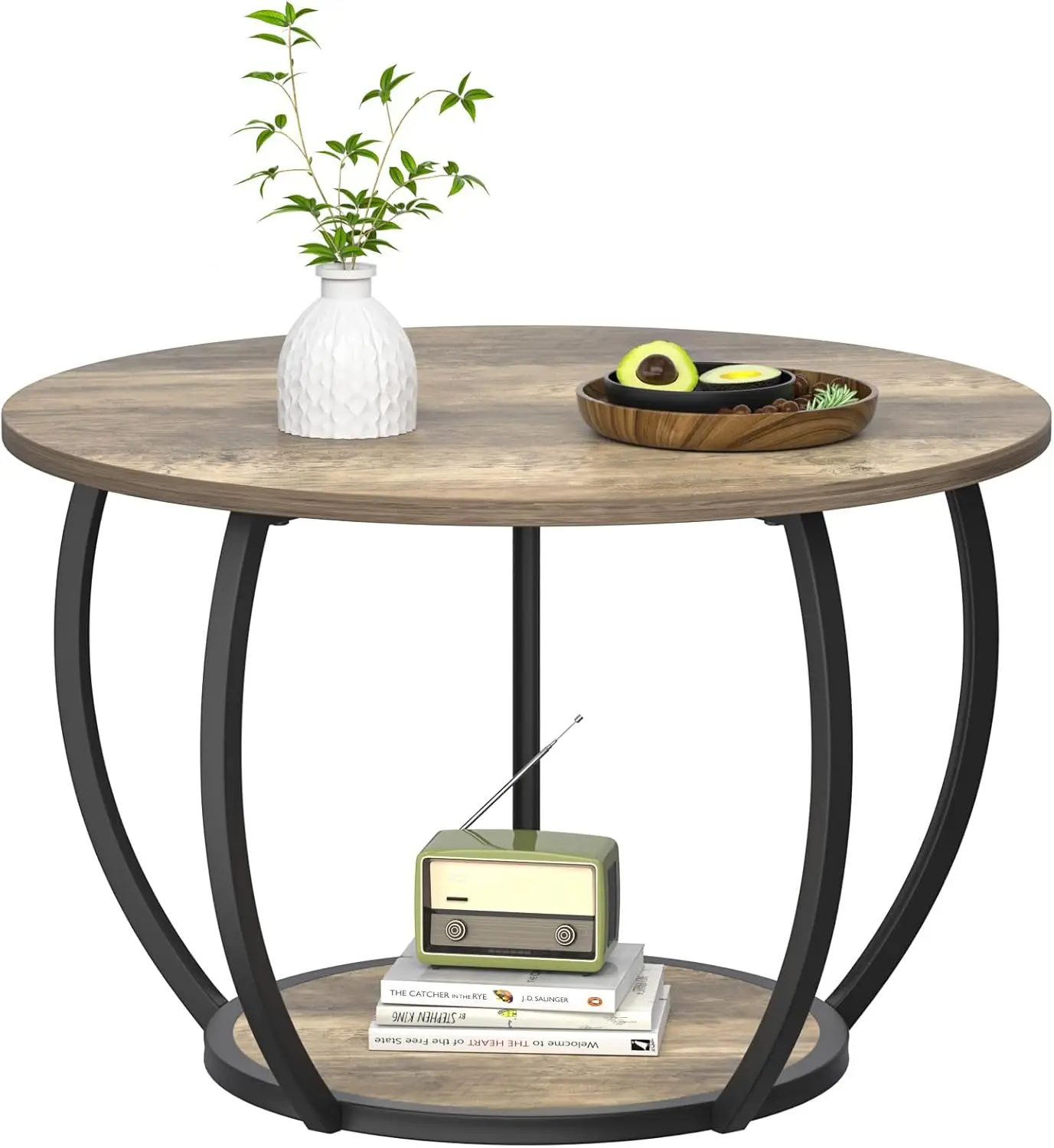 Round Coffee Table with Storage, 27.6 inch Small Living Room Tables with Adjustable Feet, 2-Tier Farmhouse Center Table 2