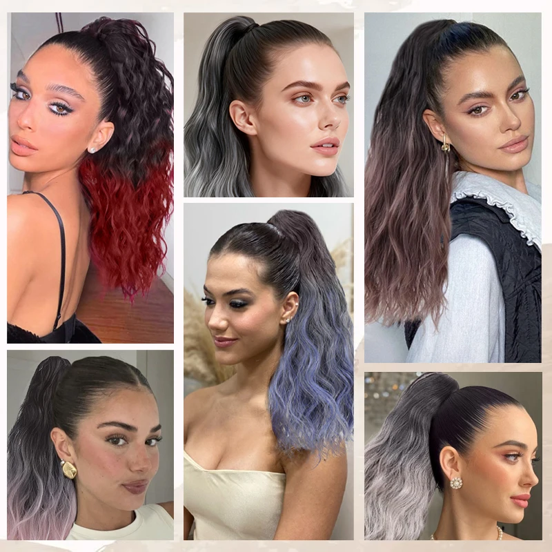 18inch Wavy Hair Ponytail Wig Hair Extensions Synthetic Gradient Water Wave Ponytail Claw Clip Ponytail Hairpiece for Women Wear