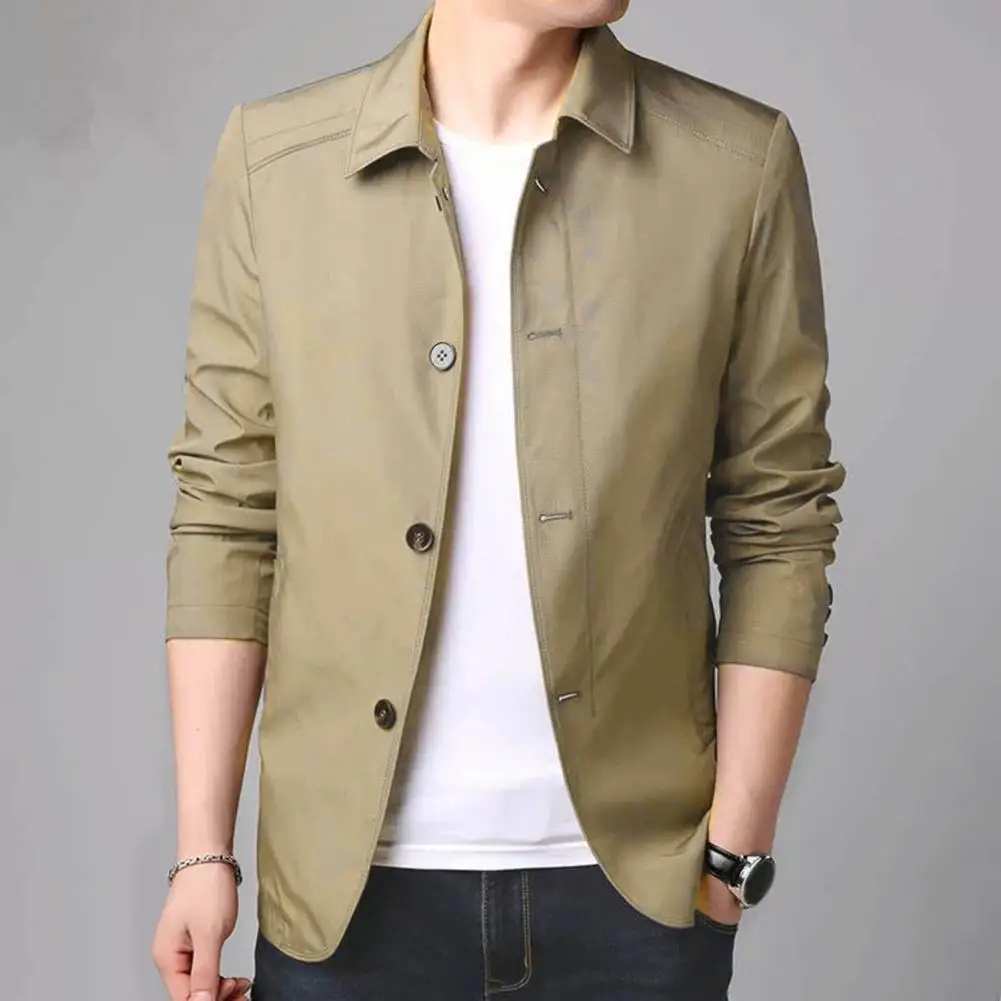 Warm Men Jacket Elegant Men's Mid Length Business Jacket with Turn-down Collar Single-breasted Design for Fall Spring Seasons - Image 5
