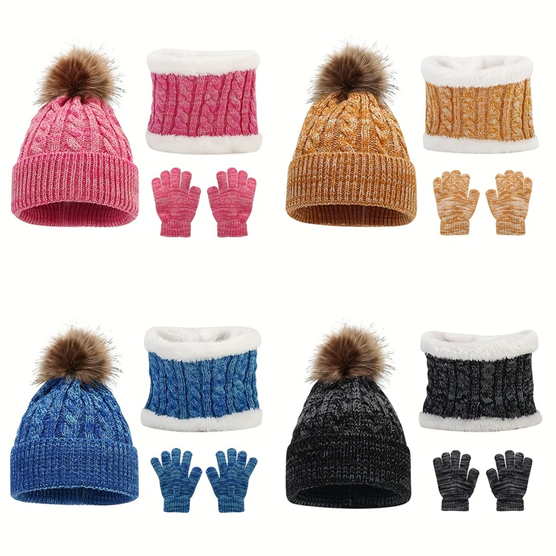 Beanies Baby Hat Pompom Winter Children Knitted Cute Cap Scarf Gloves Suit For Girl Boy Casual Solid Color