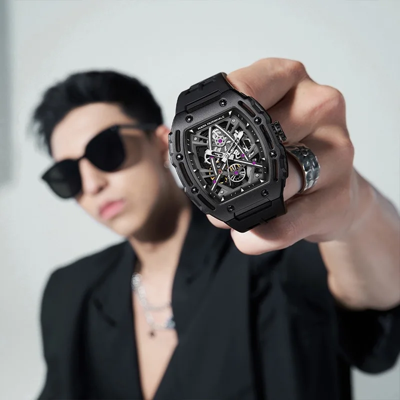 Casual Hollow Automatic Man Watch Tourbillon Water Resistant Mechanical Men's Watches Fashion Tonneau montre homme Dropshipping