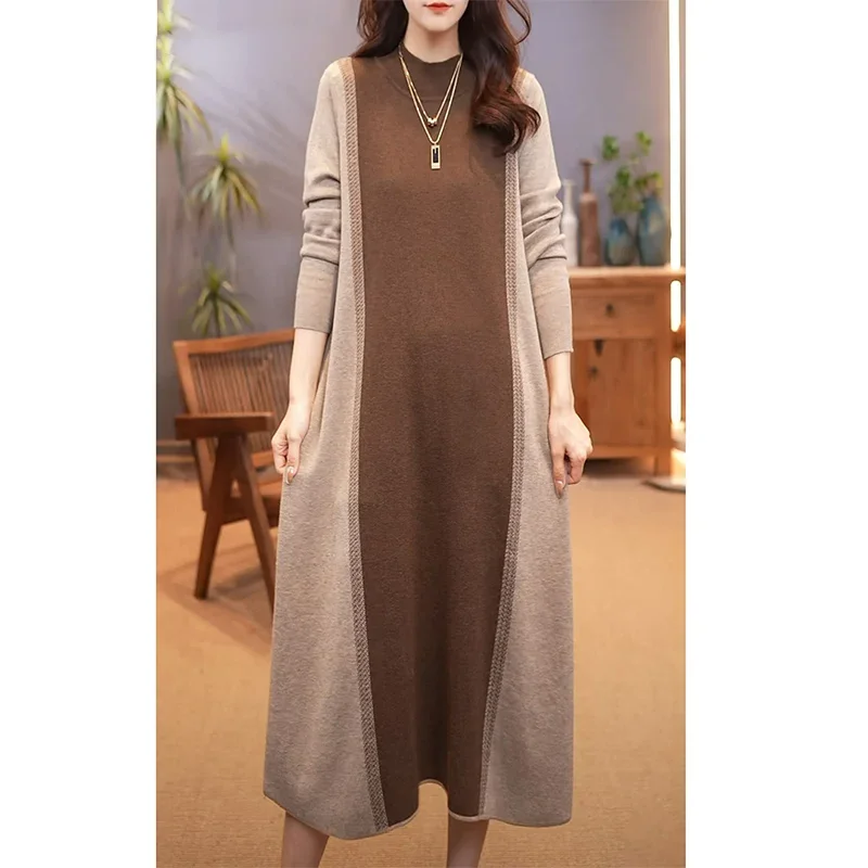 

Women Clothing Loose Casual Vintage Wool Dress Spring Autumn Spliced Fashion Basic All-match Knitted Dresses