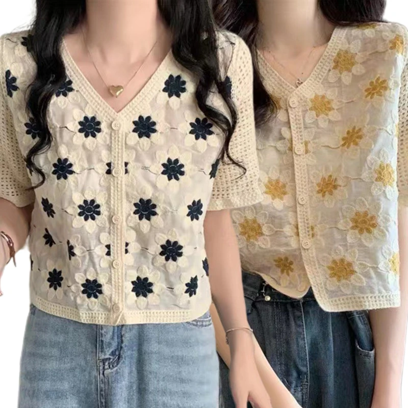 

V-neck Short Knitted Blouses Women Thin Cardigan Button Up Short Sleeve Tops 10CF