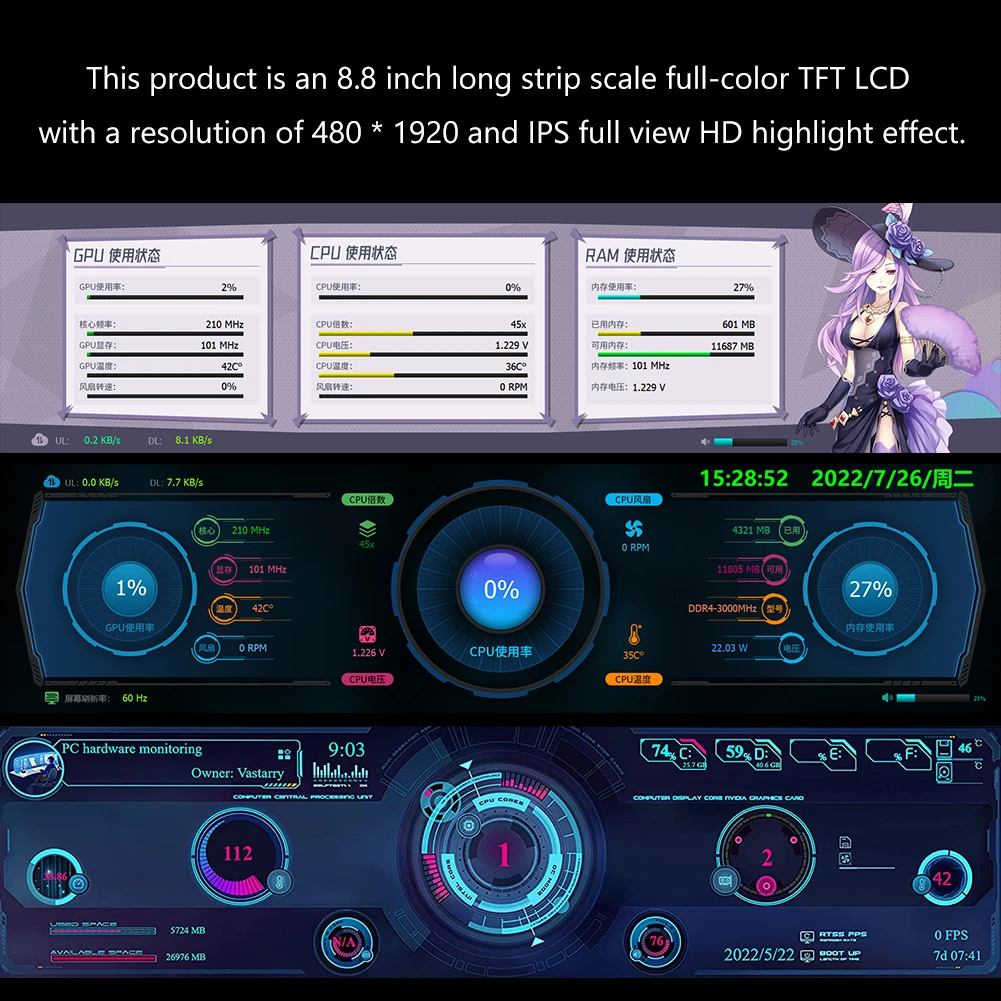 3.5-8.8 ġ 1920x1080p IPS  ȭ CPU GPU RAM HDD ǻ , AIDA64 WINDOWS LINUX Type C USB ÷̿