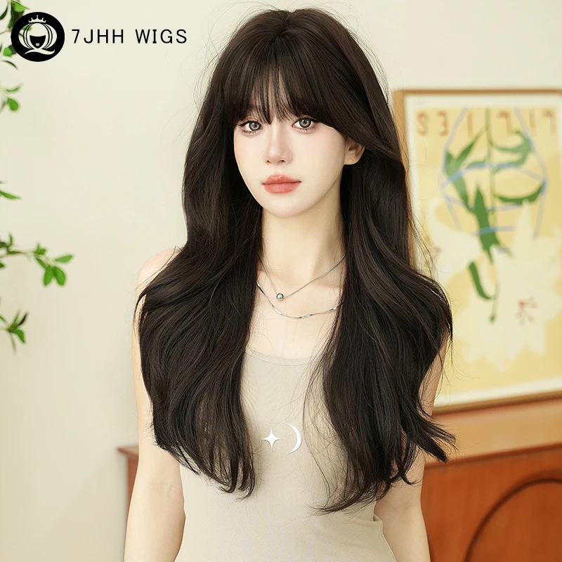 7JHH WIGS Beginner Friendly Synthetic Dark Brown Wig for Women Daily Use High Density Long Wavy Hair Wig with Bangs Glueless Wig xumoo heat resistant synthetic lace front wig glueless long ombre blonde with brown roots daily cosplay wigs for black women
