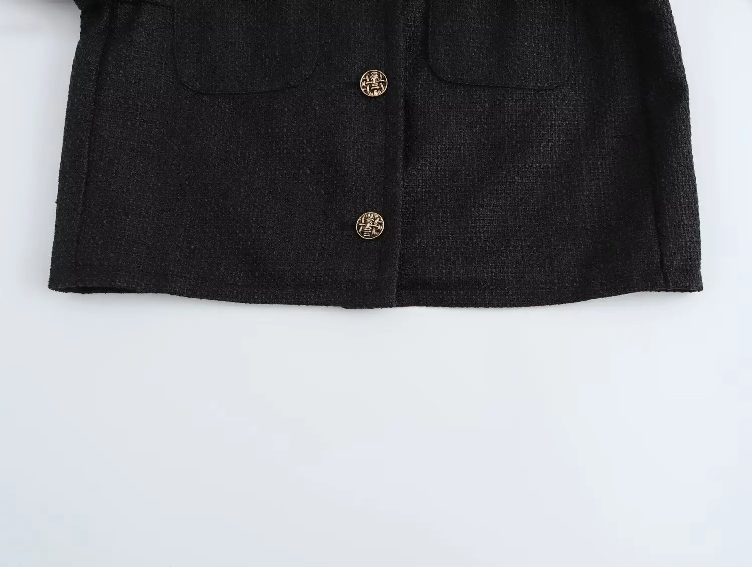 Abrigo de tweed negro de lana suave con cuello redondo para otoño, chaqueta corta vintage con bolsillos delanteros y botones de un solo pecho, chaqueta elegante