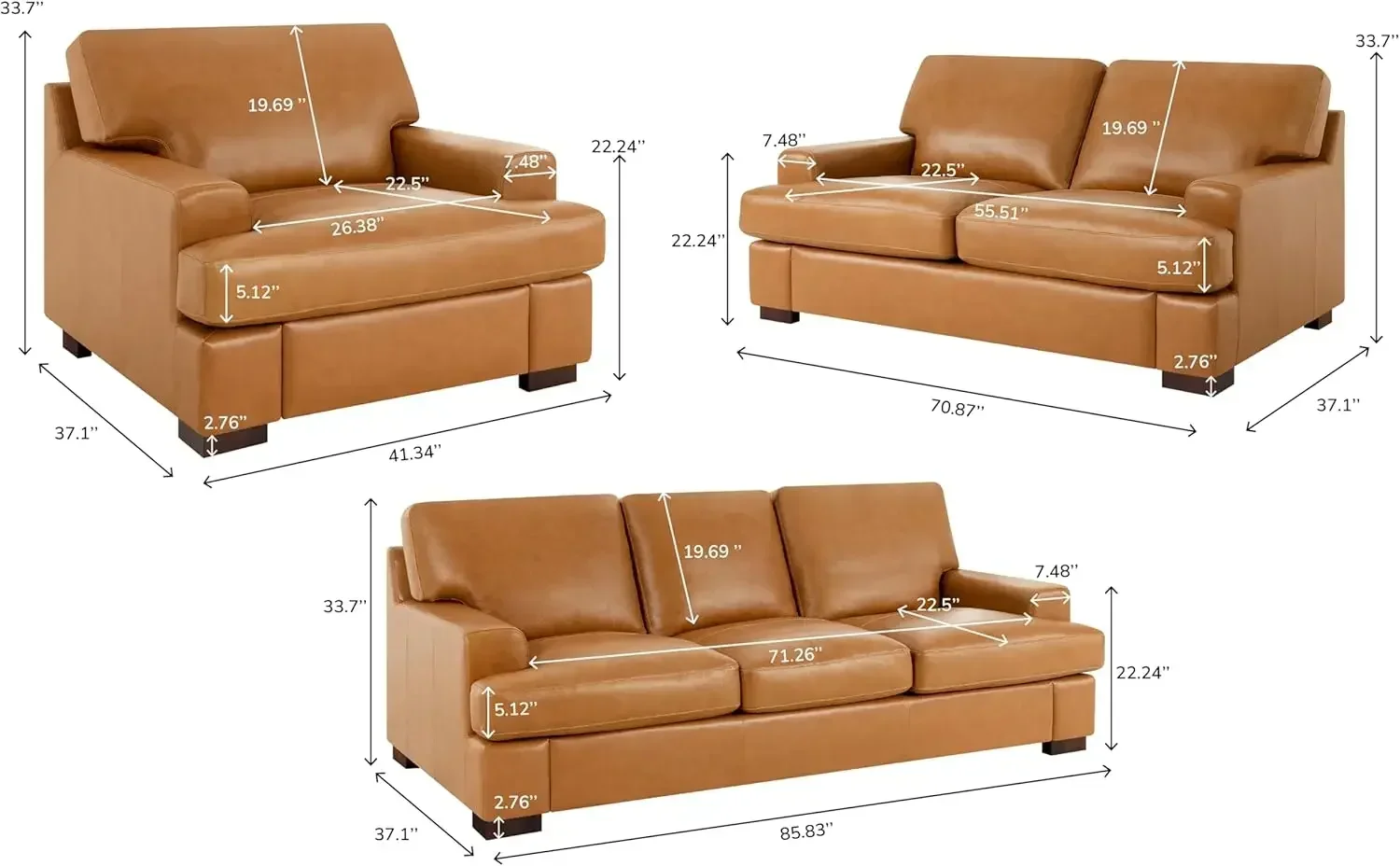 Hot Siggy Genuine Leather Sofa-Set of 3 Luxurious Comfort, Goose Feather Cushion Filling, Square Arm Design, Sturdy Block